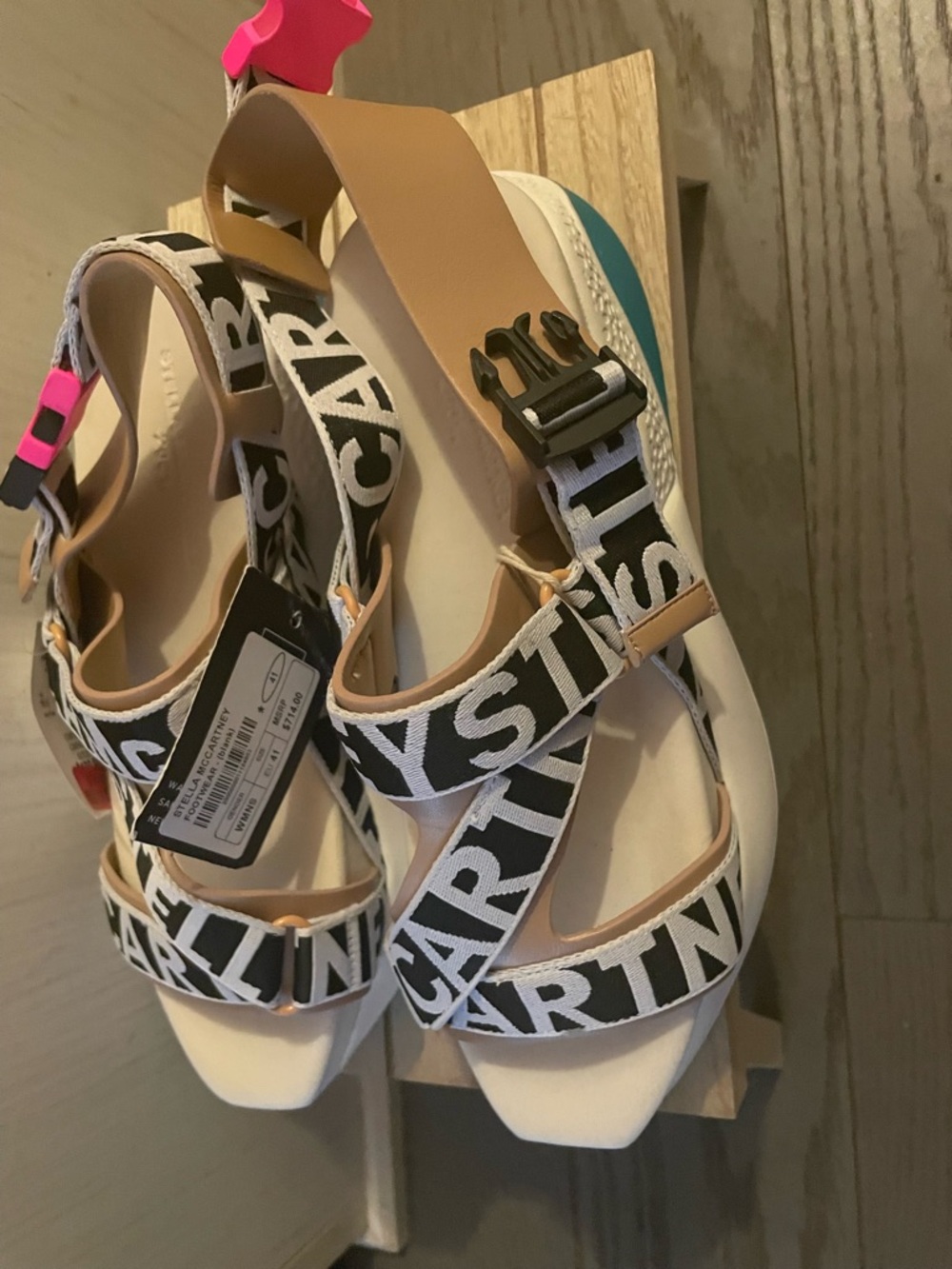 Stella McCartney White Platform Sandals with Black Logo Straps and Tan Details